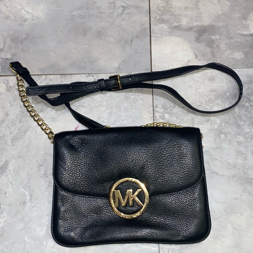 Michael Kors black side crossbody bag gold chain women size bag
